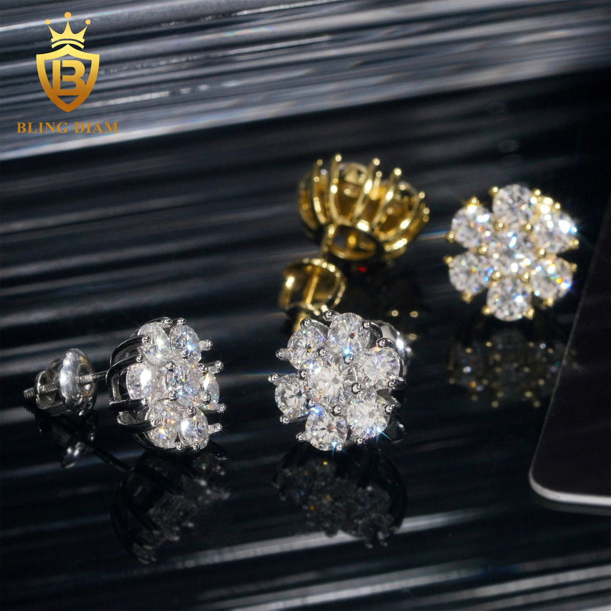 11mm Flower Hip Hop Moissanite Earrings – 925 Silver, Screw Back - DB Diamonds