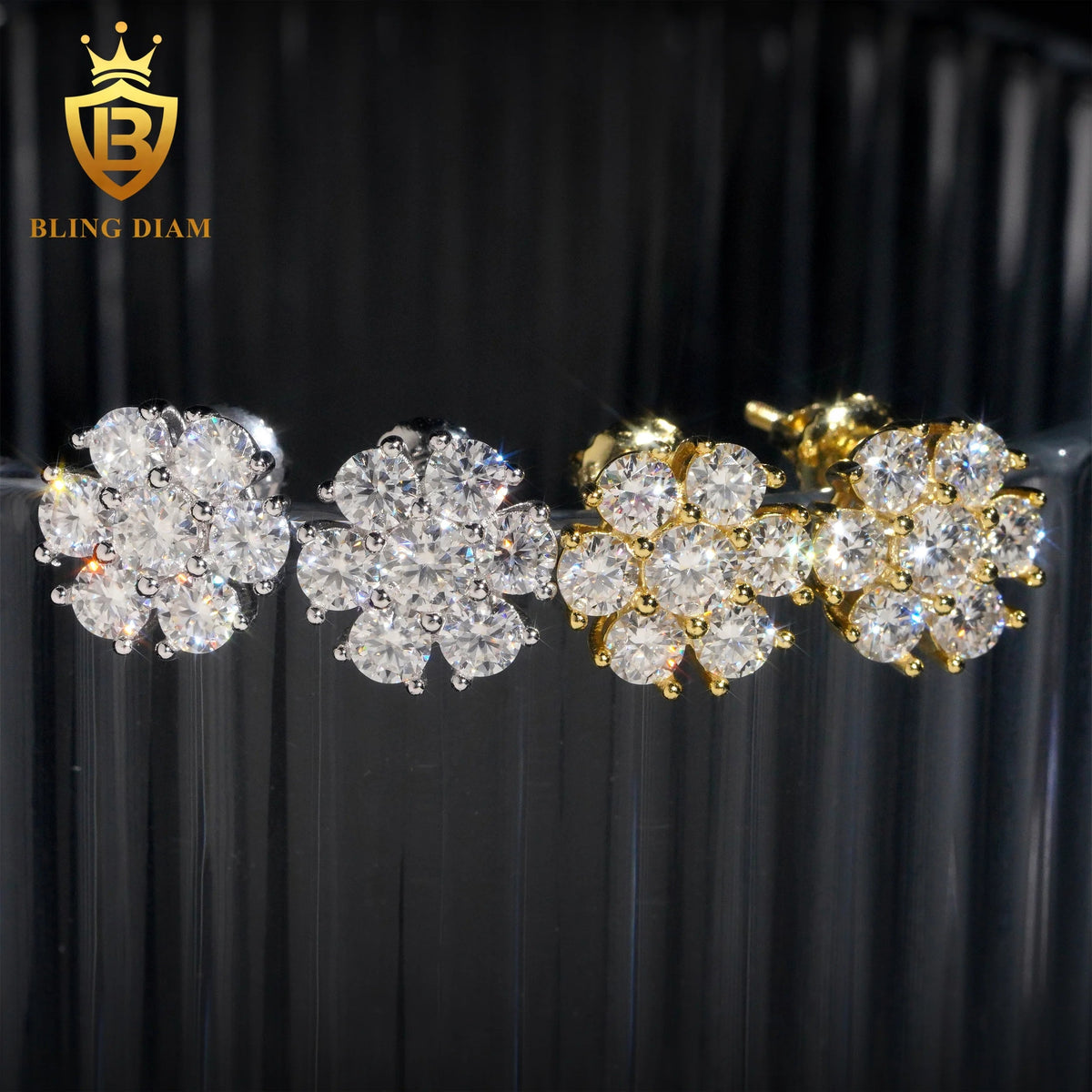 11mm Flower Hip Hop Moissanite Earrings – 925 Silver, Screw Back - DB Diamonds