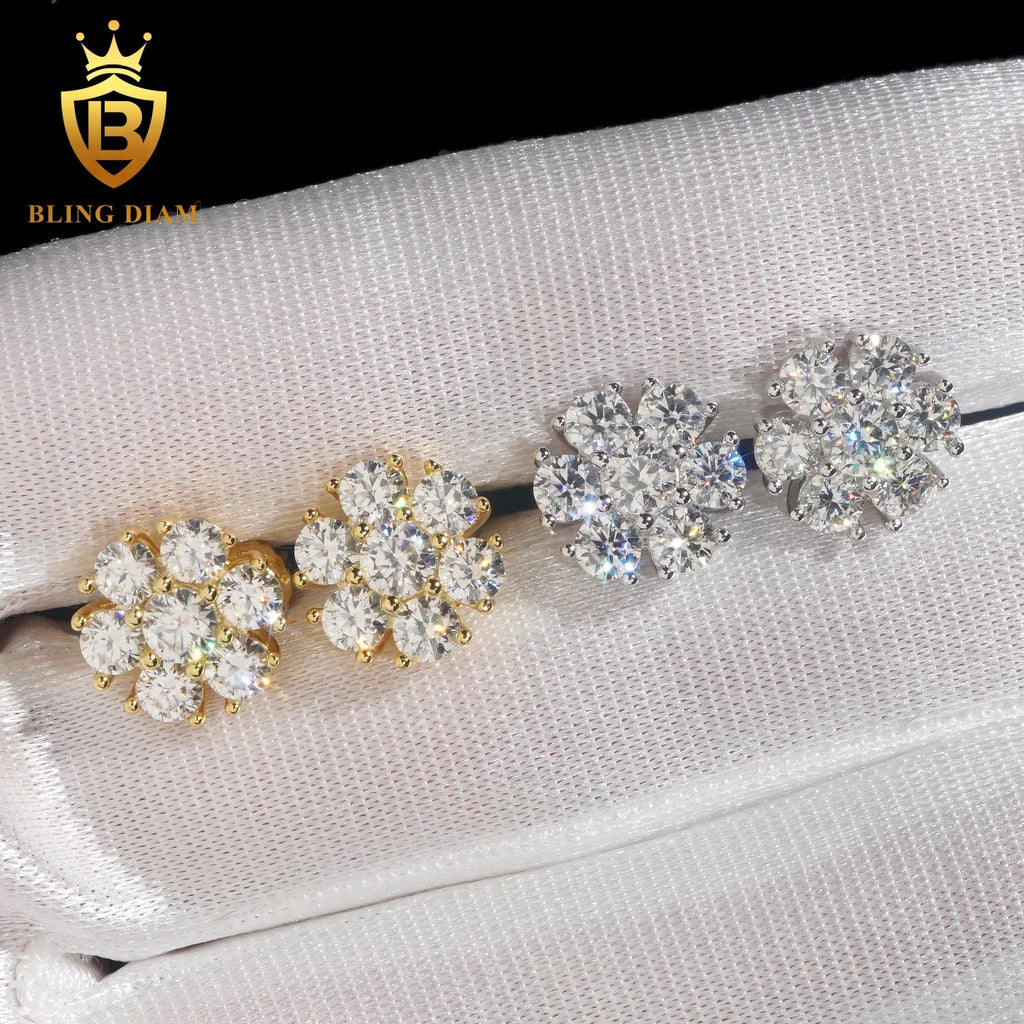 11mm Flower Hip Hop Moissanite Earrings – 925 Silver, Screw Back - DB Diamonds