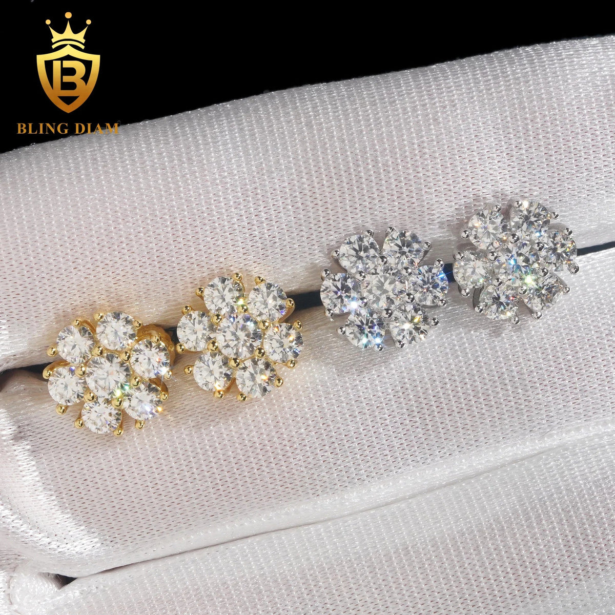 11mm Flower Hip Hop Moissanite Earrings – 925 Silver, Screw Back - DB Diamonds
