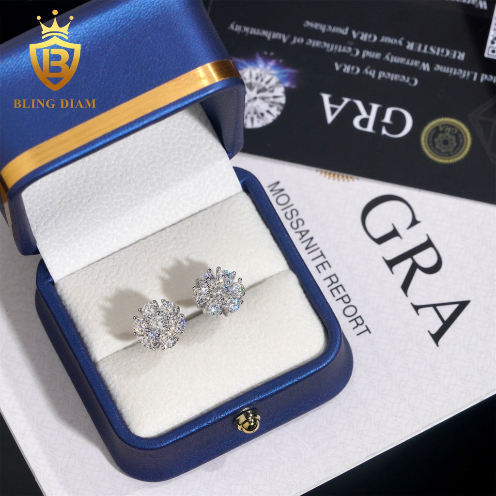 11mm Flower Hip Hop Moissanite Earrings – 925 Silver, Screw Back - DB Diamonds