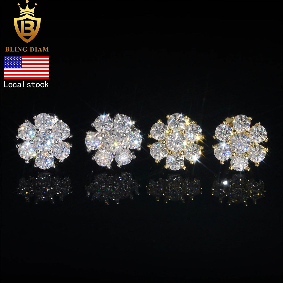 11mm Flower Hip Hop Moissanite Earrings – 925 Silver, Screw Back - DB Diamonds