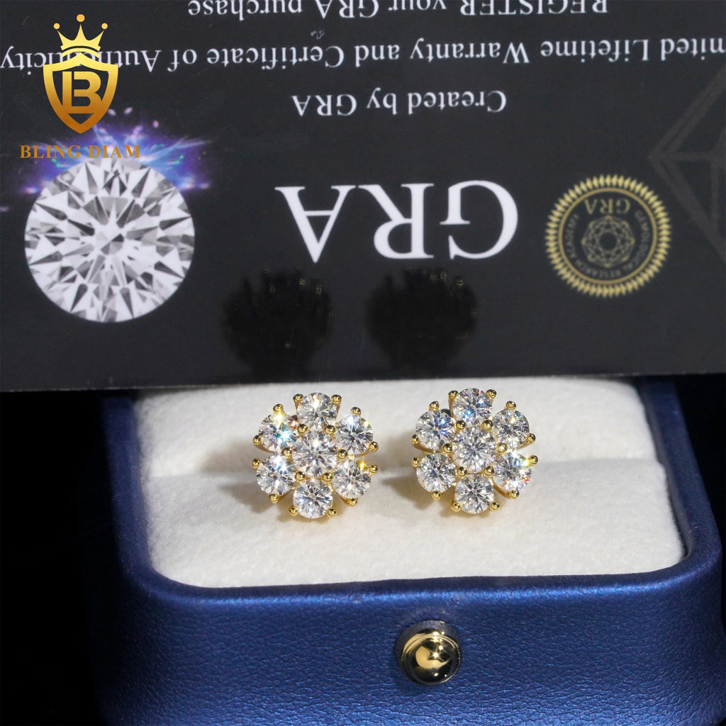 11mm Flower Hip Hop Moissanite Earrings – 925 Silver, Screw Back - DB Diamonds