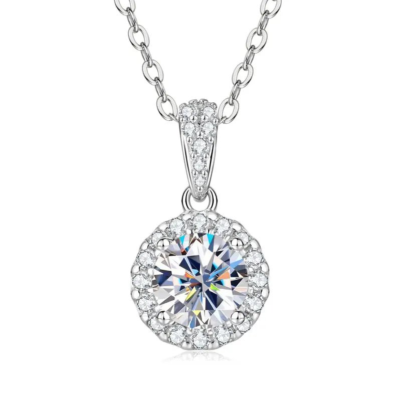 1CT Moissanite Classic Halo Pendant Necklace – 925 Silver, GRA - DB Diamonds