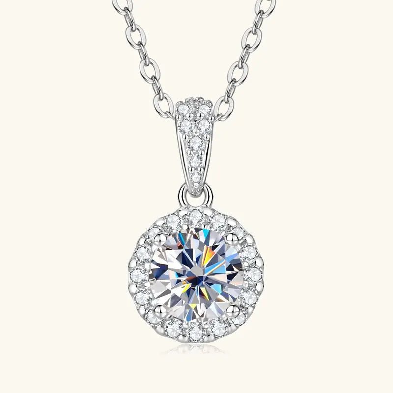 1CT Moissanite Classic Halo Pendant Necklace – 925 Silver, GRA - DB Diamonds