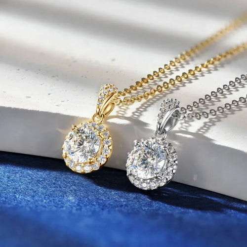 1CT Moissanite Classic Halo Pendant Necklace – 925 Silver, GRA - DB Diamonds