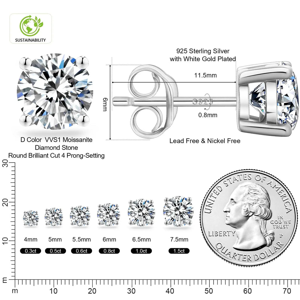 2CT Round Moissanite Stud Earrings – 925 Silver, GRA Certified - DB Diamonds