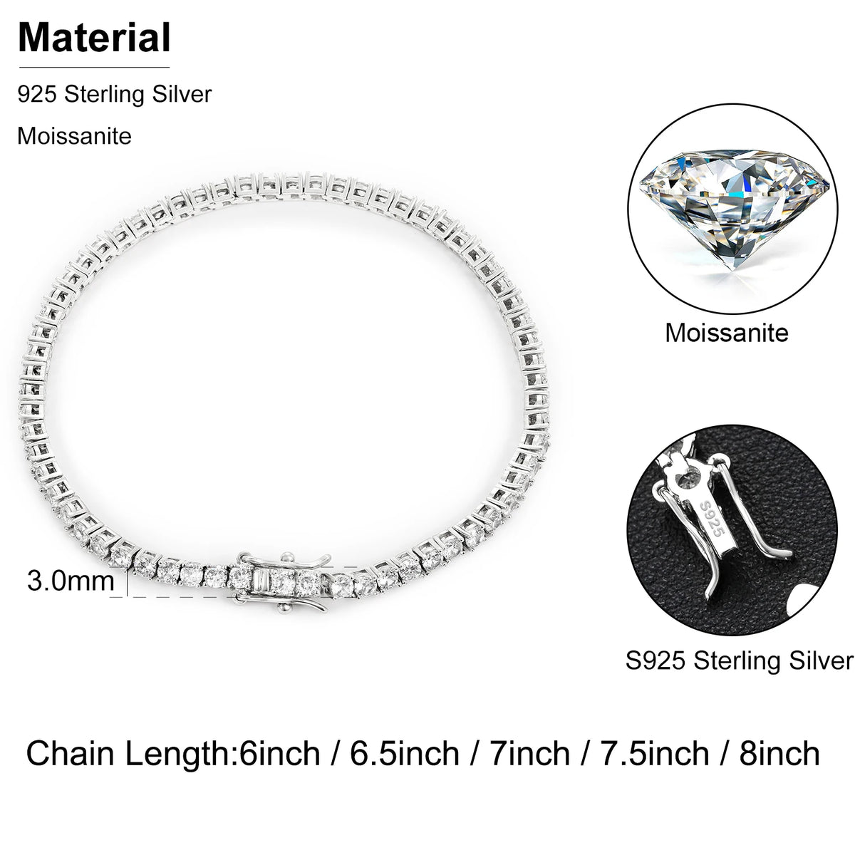 VVS Moissanite Tennis Bracelet – 925 Sterling Silver | 2mm–6mm | Gold & White Gold | GRA Certified — photo 6 of 16