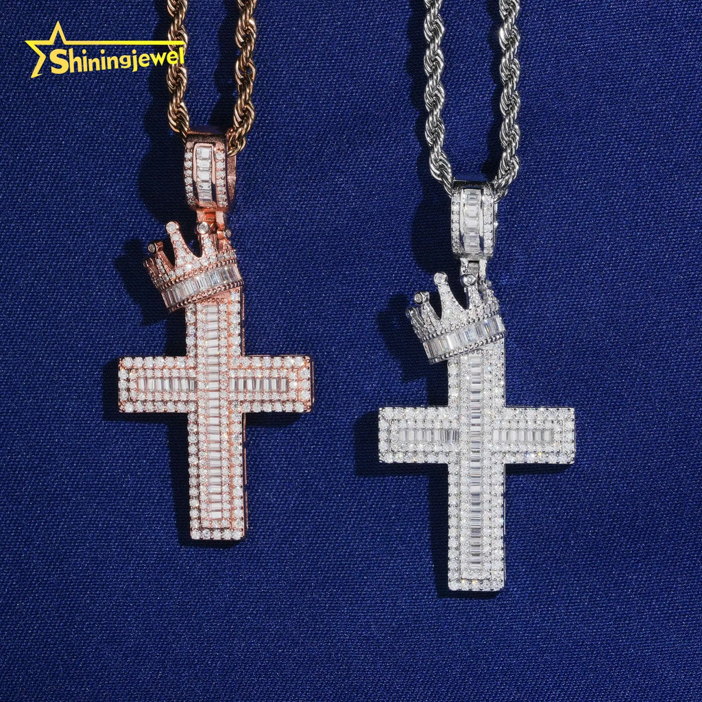 VVS Moissanite Crown Cross Pendant – 925 Sterling Silver | Baguette & Round Cut | GRA Certified — photo 6 of 7