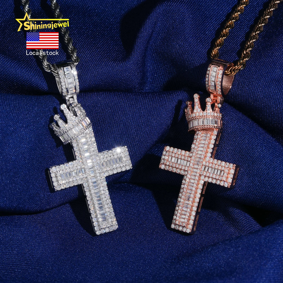 VVS Moissanite Crown Cross Pendant – 925 Sterling Silver | Baguette & Round Cut | GRA Certified — photo 1 of 7