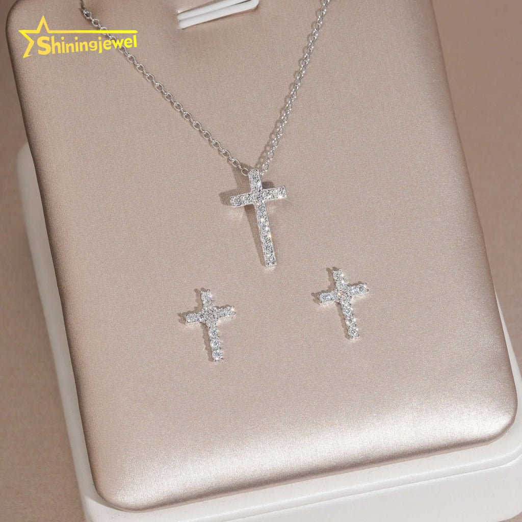 Moissanite Cross Pendant Necklace & Stud Earrings Set – 925 Sterling Silver — photo 1 of 7