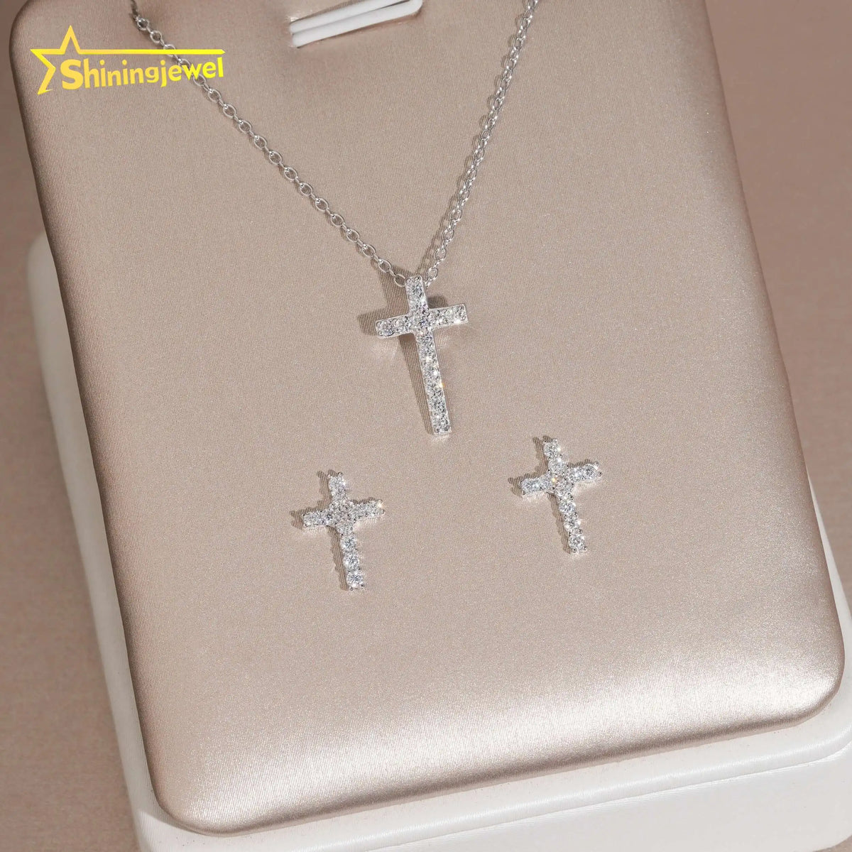 Moissanite Cross Pendant Necklace & Stud Earrings Set – 925 Sterling Silver — photo 1 of 7