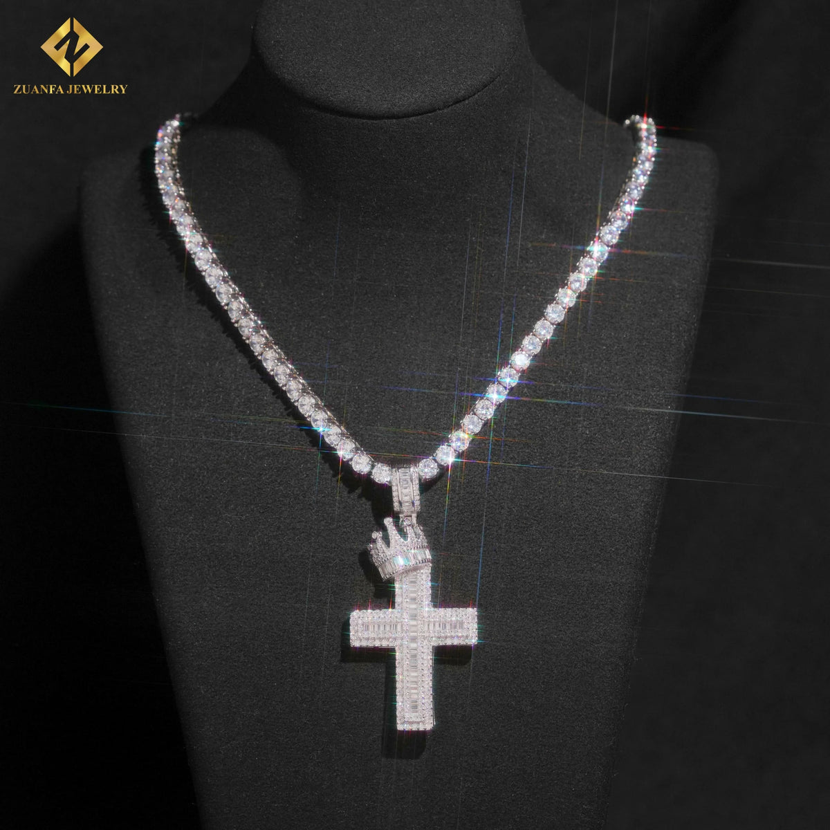 VVS Moissanite Crown Cross Pendant – 925 Sterling Silver | Silver & Rose Gold | GRA Certified — photo 7 of 8