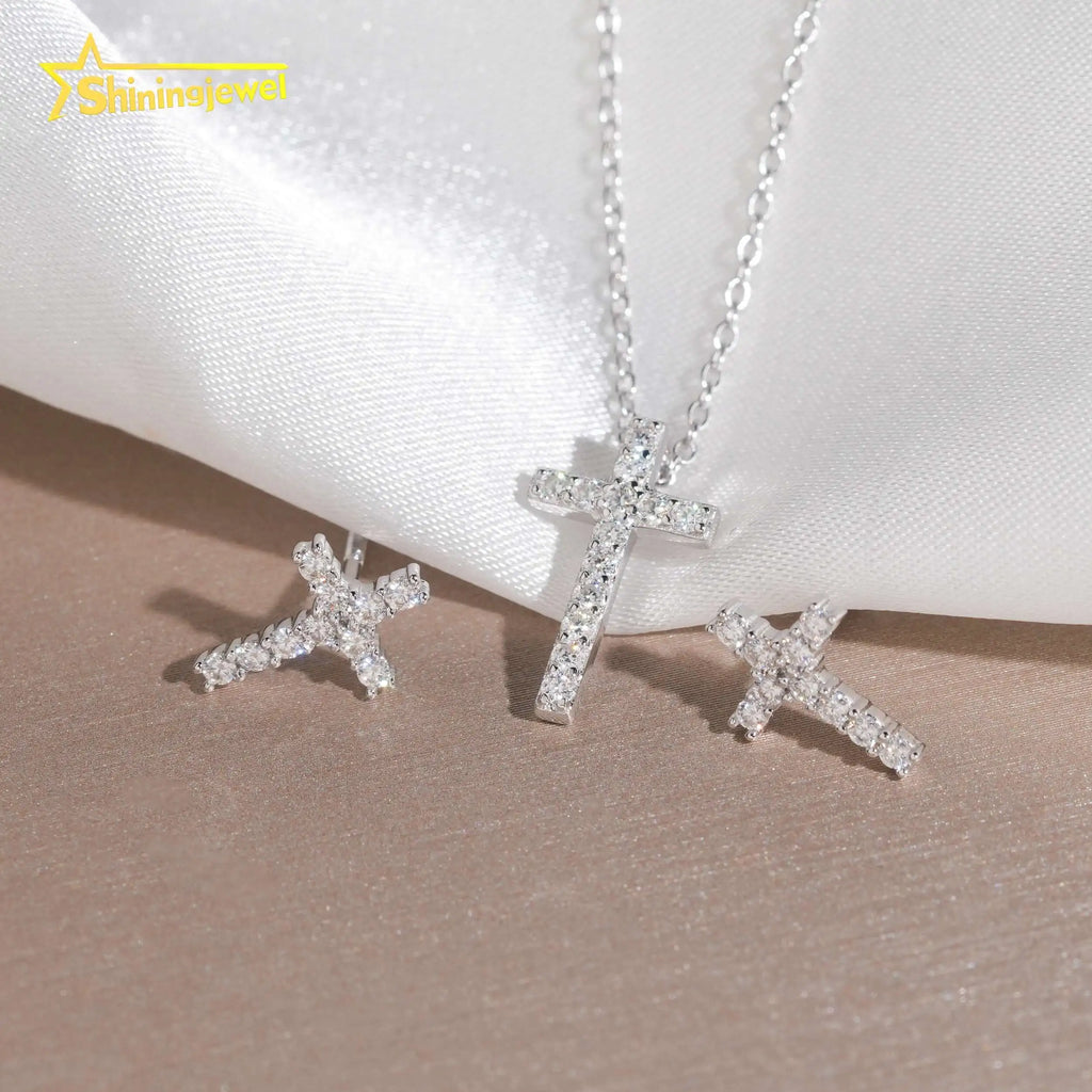 Moissanite Cross Pendant Necklace & Stud Earrings Set – 925 Sterling Silver — photo 5 of 7
