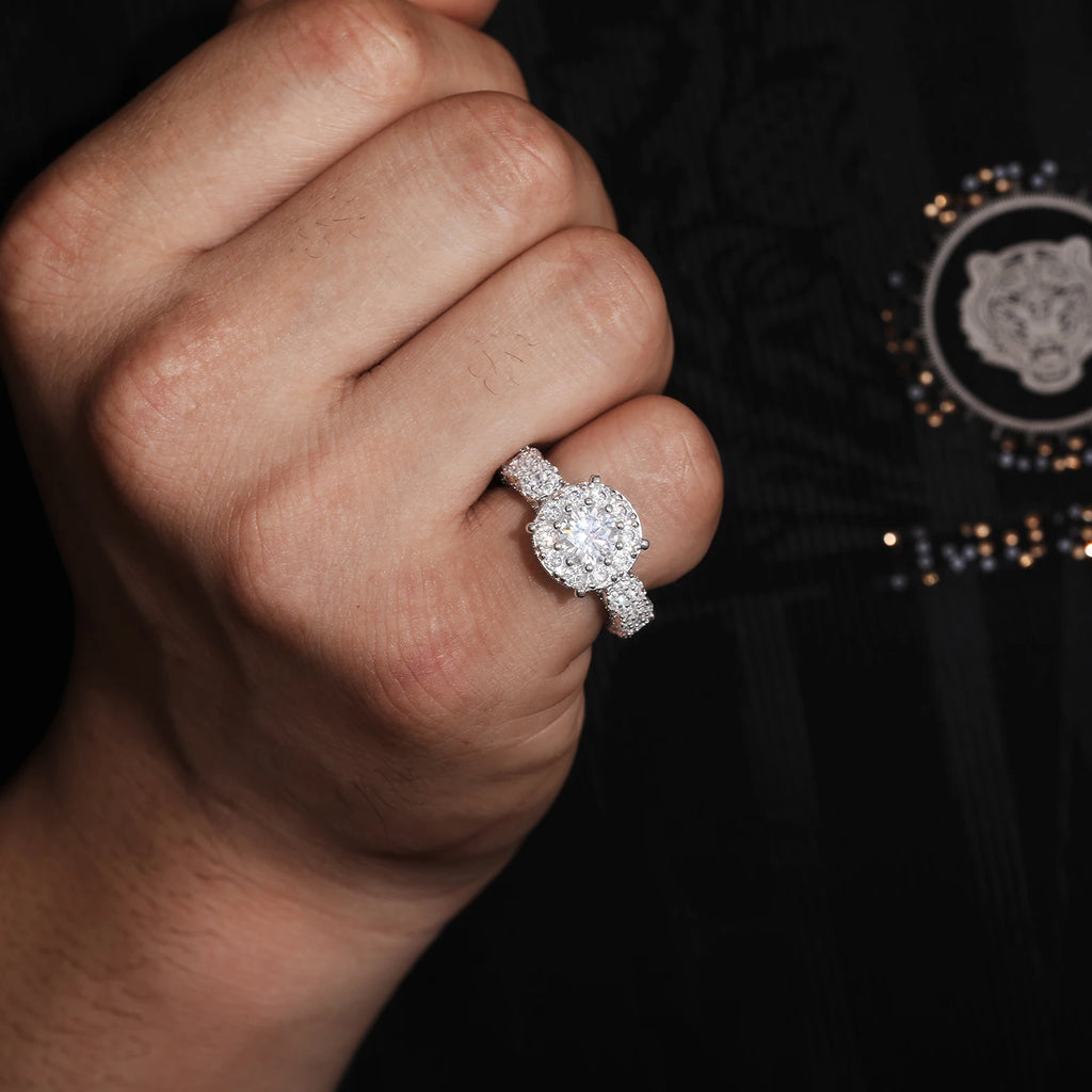 Moissanite Halo Engagement Ring – 925 Sterling Silver | White Gold Finish — photo 5 of 7