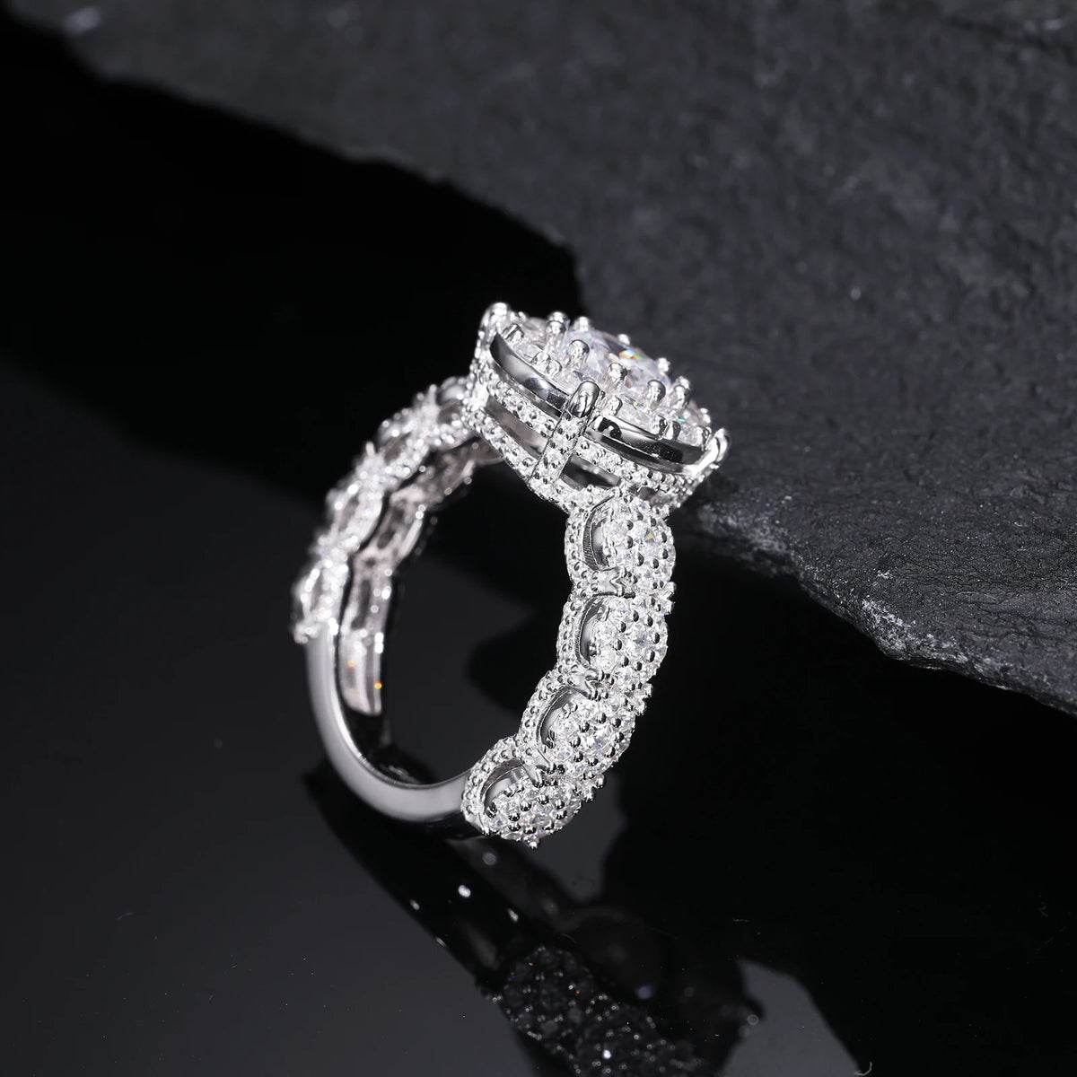 Moissanite Halo Engagement Ring – 925 Sterling Silver | White Gold Finish — photo 2 of 7