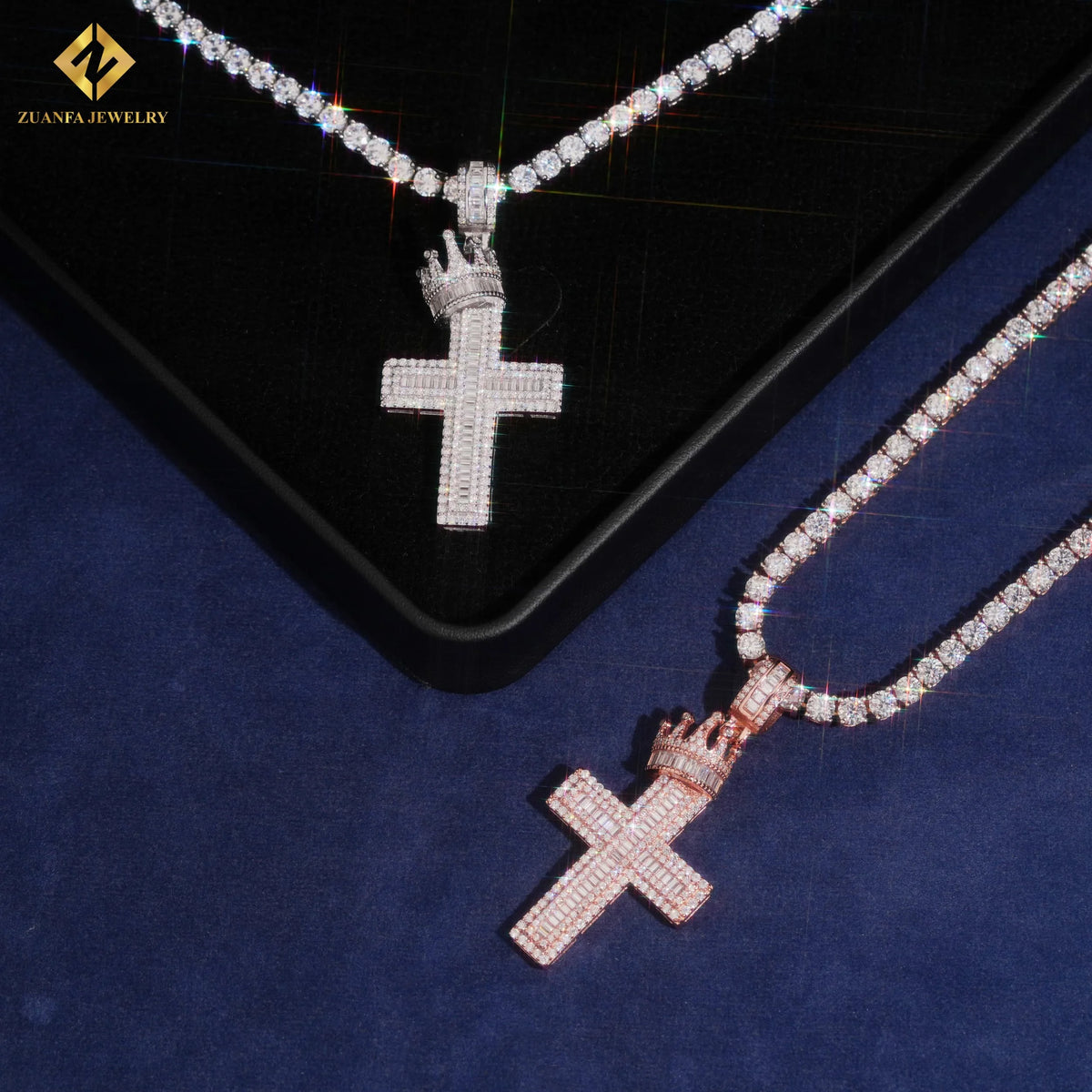 VVS Moissanite Crown Cross Pendant – 925 Sterling Silver | Silver & Rose Gold | GRA Certified — photo 3 of 8