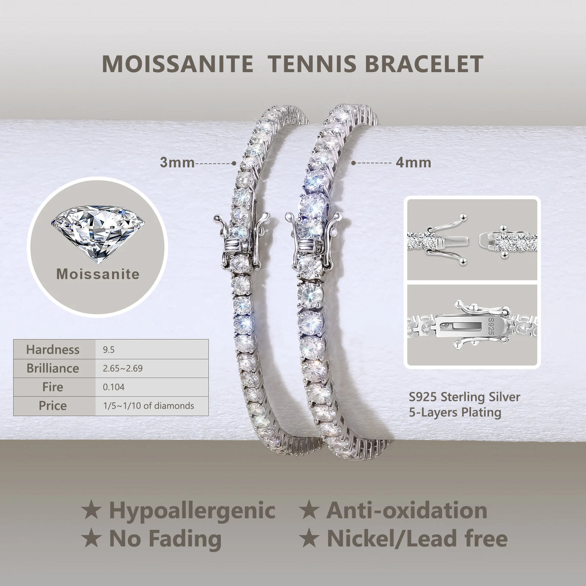 VVS1 Round Cut Moissanite Tennis Bracelet – 925 Sterling Silver | White Gold Plated — photo 6 of 7