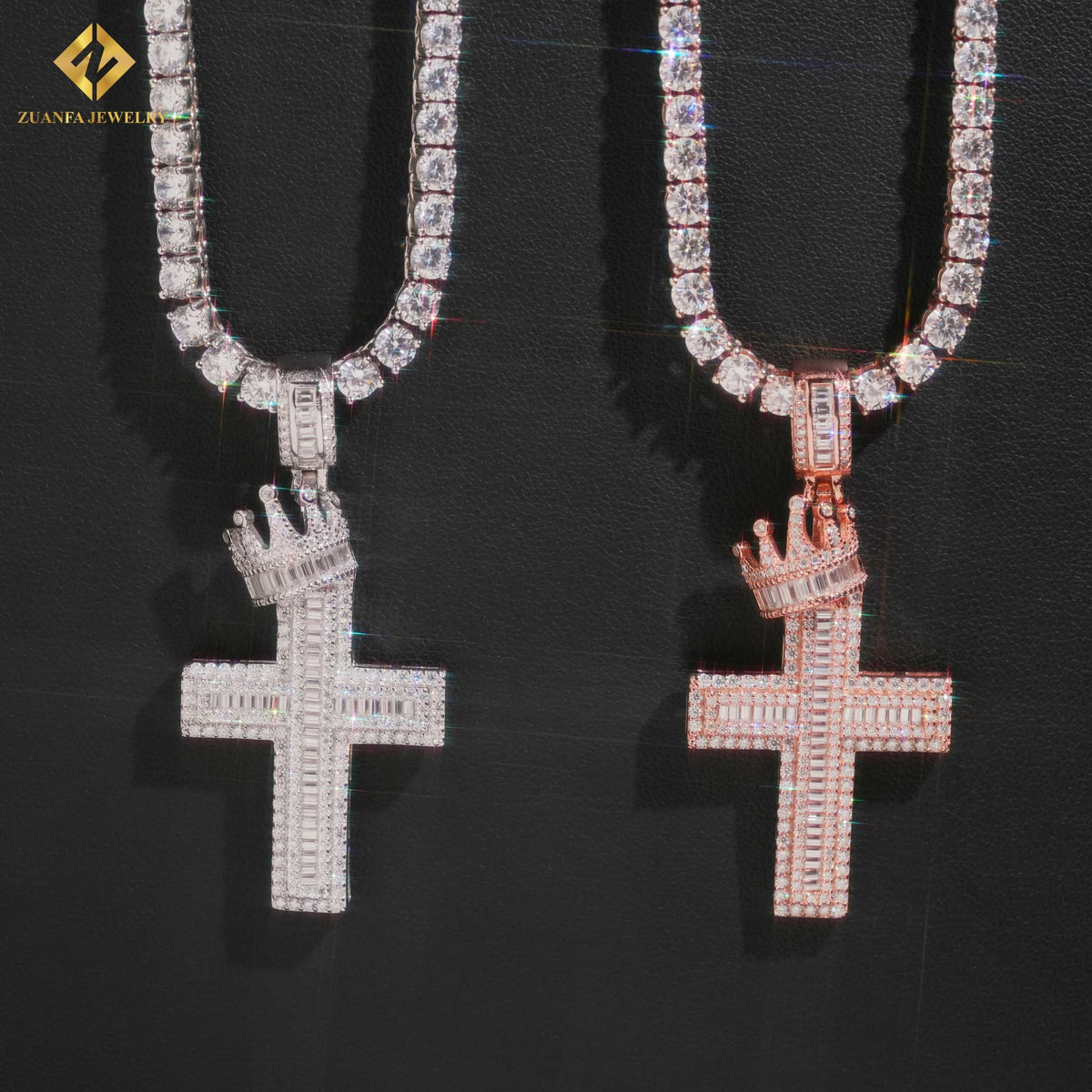 VVS Moissanite Crown Cross Pendant – 925 Sterling Silver | Silver & Rose Gold | GRA Certified — photo 1 of 8