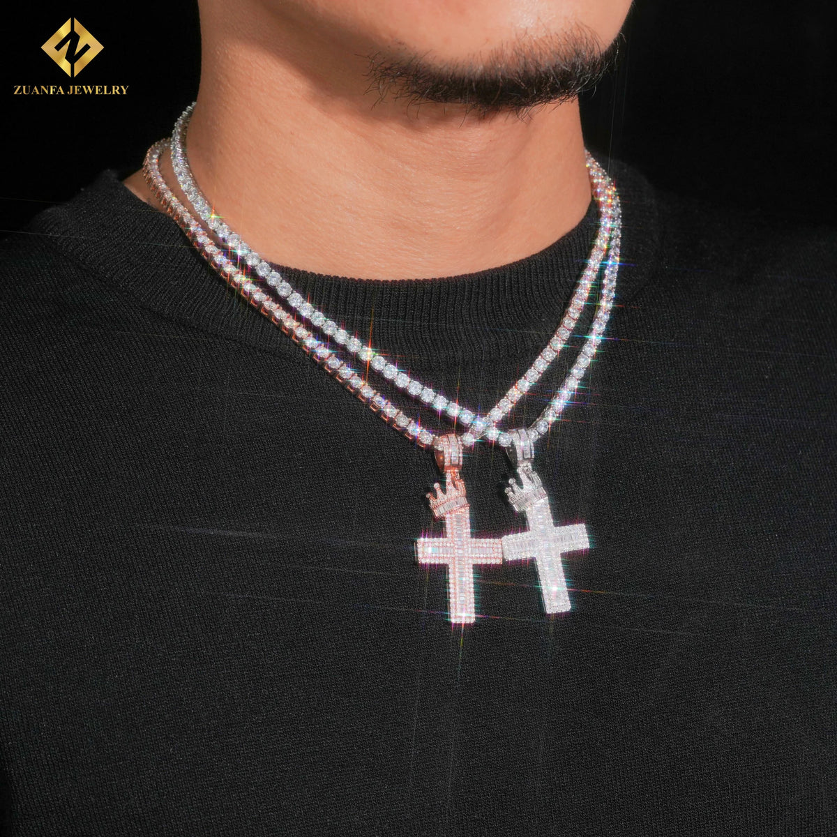 VVS Moissanite Crown Cross Pendant – 925 Sterling Silver | Silver & Rose Gold | GRA Certified — photo 5 of 8