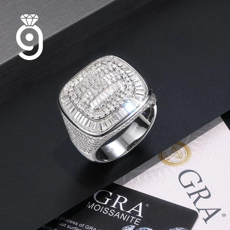 Cushion Signet Ring – Full Pavé Moissanite, 925 Sterling Silver - DB Diamonds