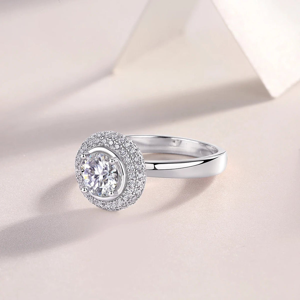Elegant Halo Moissanite Ring – White Gold Plated S925 Silver - DB Diamonds