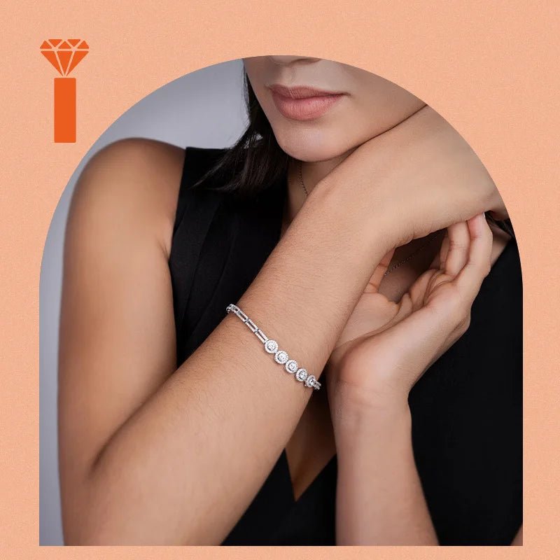 Five Stone Halo Moissanite Tennis Bracelet – 925 Silver, Double Row - DB Diamonds