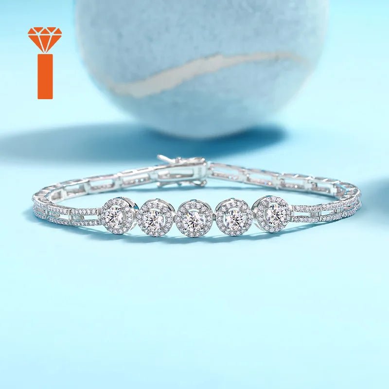 Five Stone Halo Moissanite Tennis Bracelet – 925 Silver, Double Row - DB Diamonds