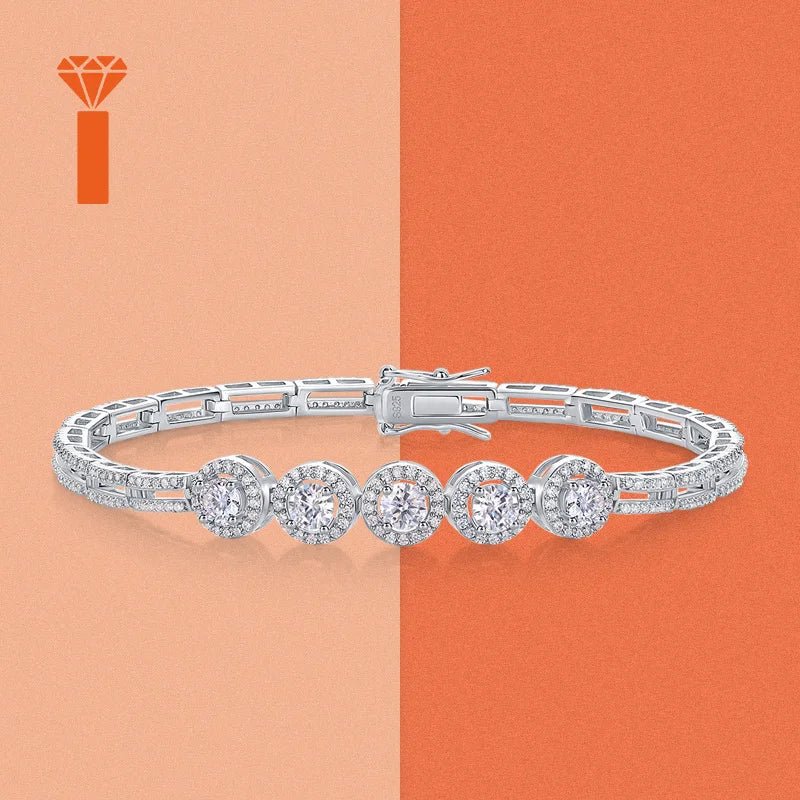 Five Stone Halo Moissanite Tennis Bracelet – 925 Silver, Double Row - DB Diamonds