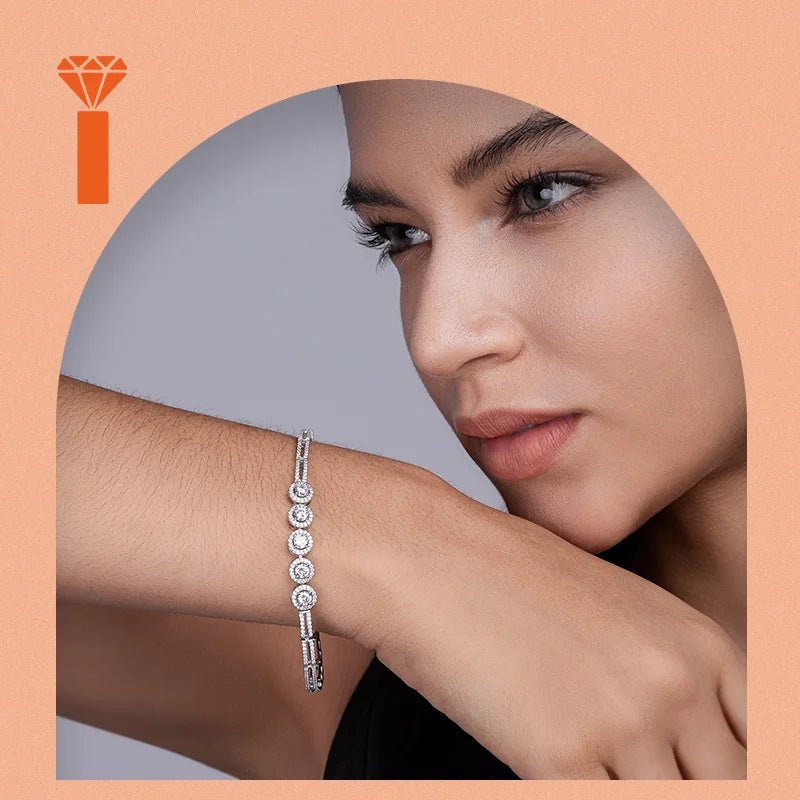 Five Stone Halo Moissanite Tennis Bracelet – 925 Silver, Double Row - DB Diamonds