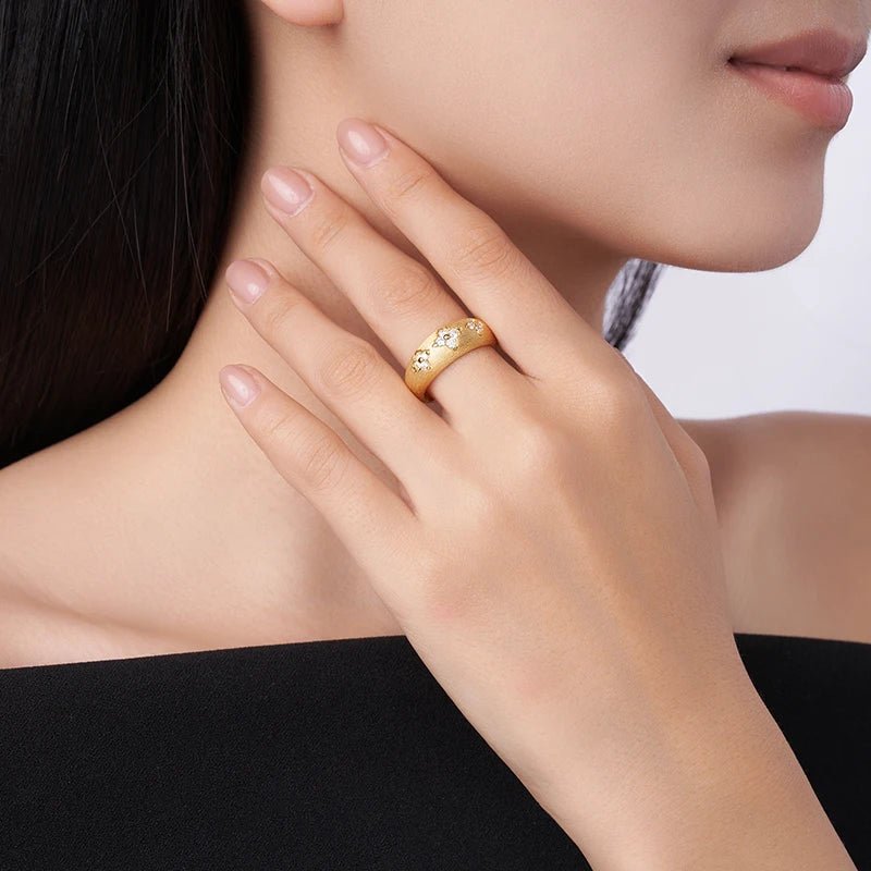 Moissanite Flower Wide Band Ring – 18K Gold Plated, 925 Silver - DB Diamonds