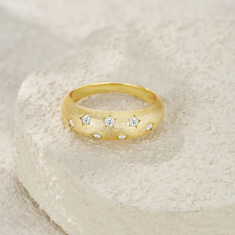 Moissanite Wide Band Ring – 18K Gold Brushed, GRA Certified - DB Diamonds