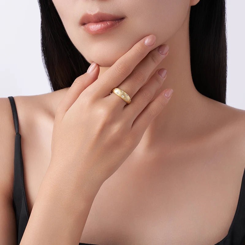 Moissanite Wide Band Ring – 18K Gold Brushed, GRA Certified - DB Diamonds