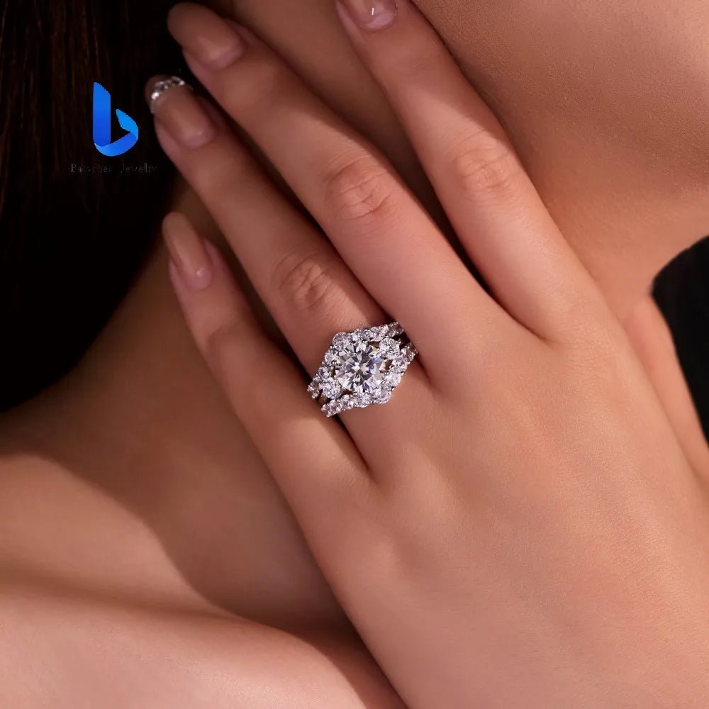 Round Brilliant Moissanite Engagement Ring Set – 925 Sterling Silver - DB Diamonds